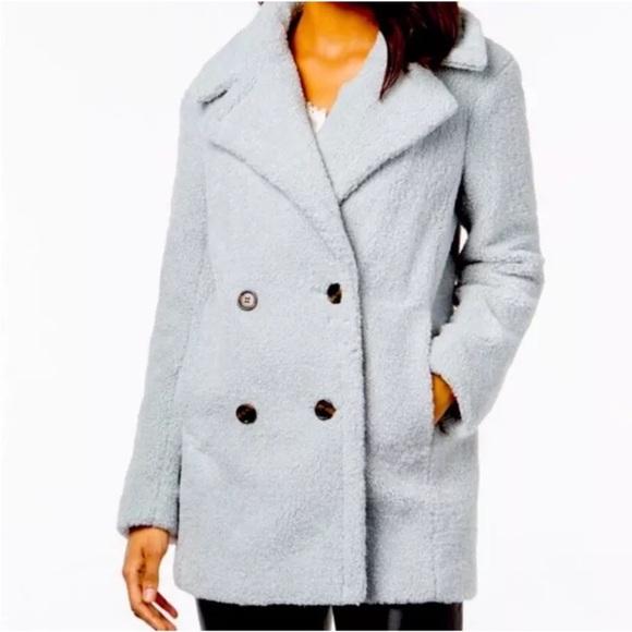 Mint Blue Double-Breasted Faux Fur Teddy Pea Coat Kensie Macy's Lined Mid-Length - Picture 3 of 12